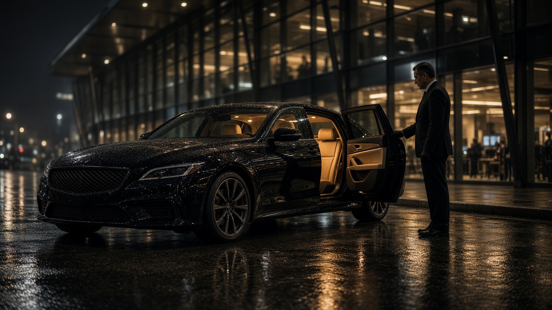 Chauffeur holding open the door of a black luxury sedan at night